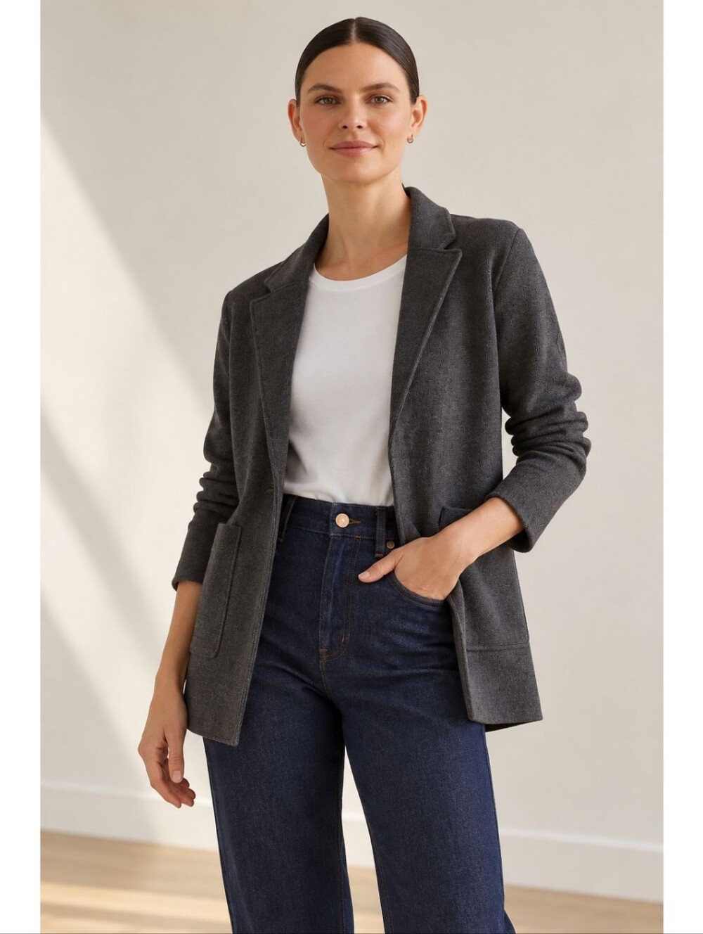 Quince Charcoal Gray Organic Cotton Blazer Jacket Knit Classic Quiet Luxury